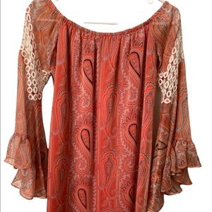 Boom By Joy Han Coral Paisley Flowy Bell Sleeve Crochet Women's Sz XS dr…